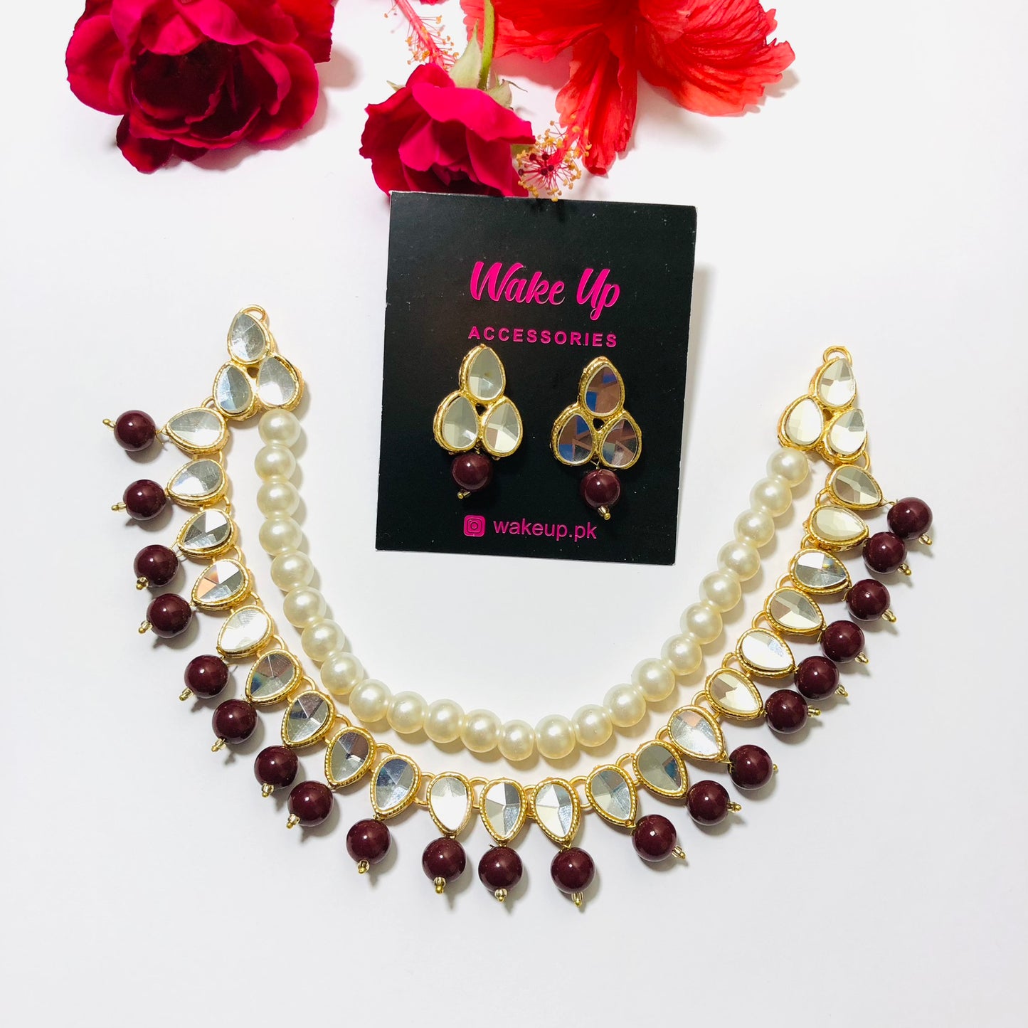 White Beads Kundan Necklace Set With Earrings