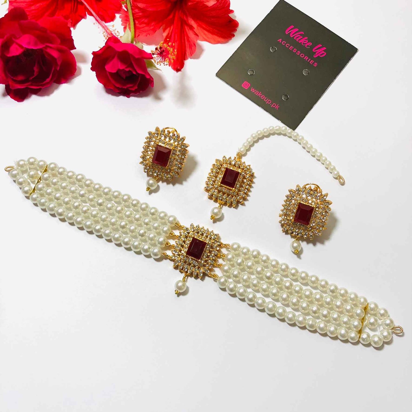 Kundan Golden Pearl Choker with Earrings and Tikka