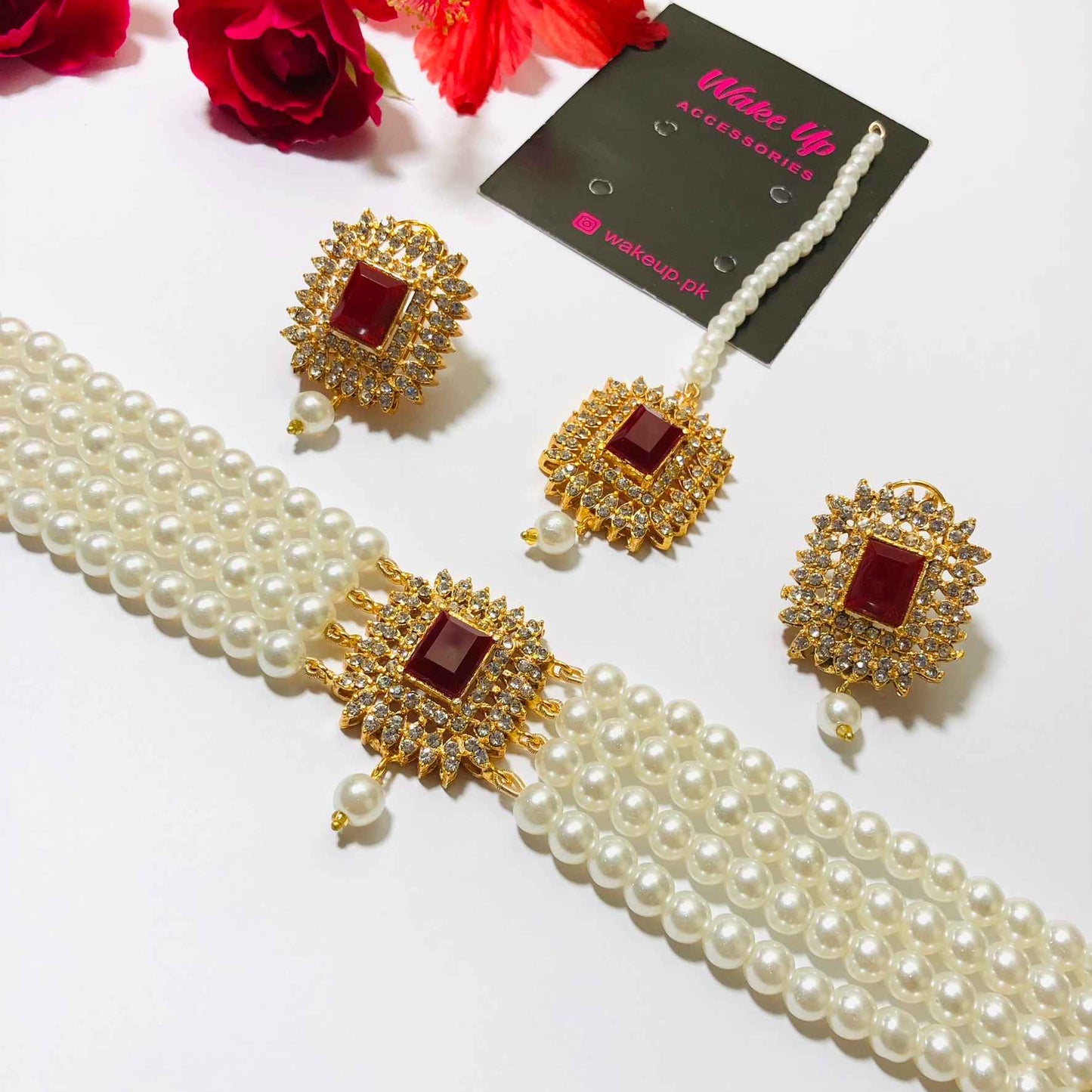 Kundan Golden Pearl Choker with Earrings and Tikka
