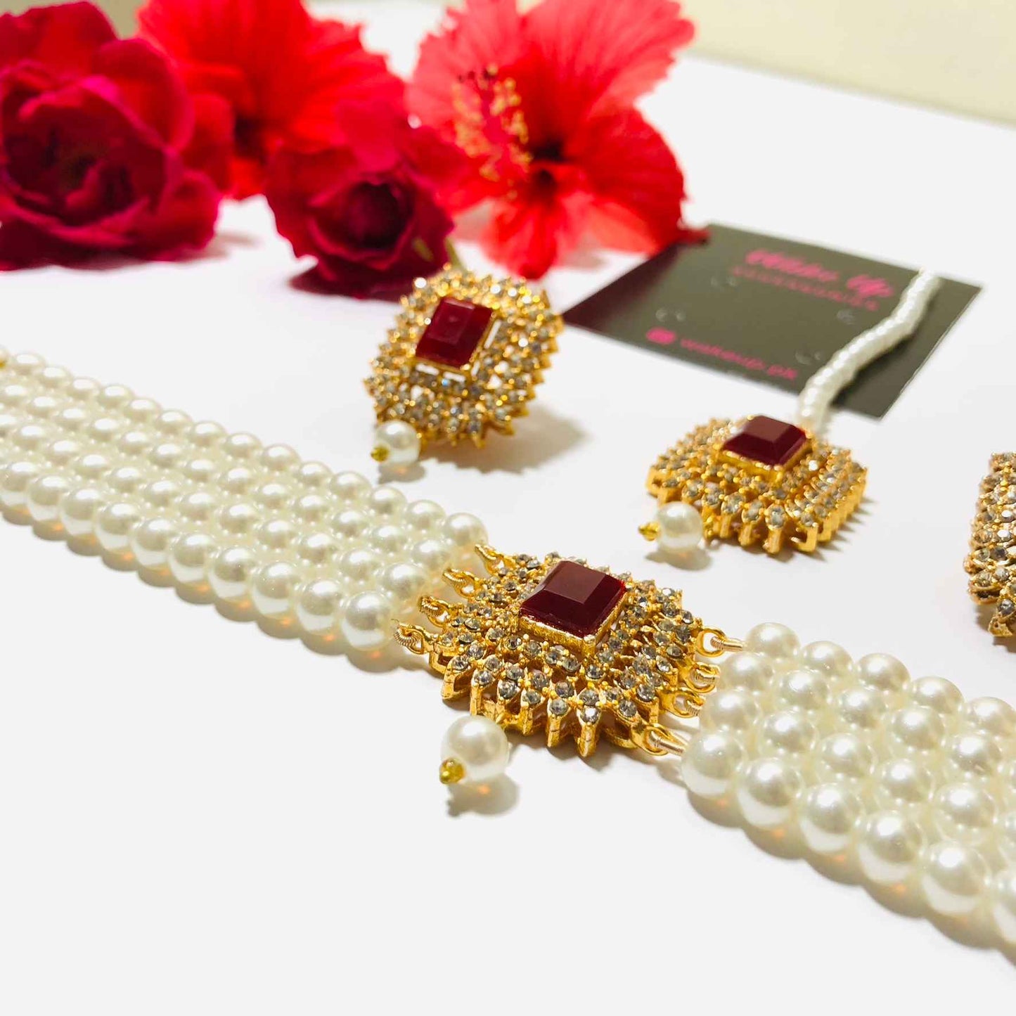 Kundan Golden Pearl Choker with Earrings and Tikka