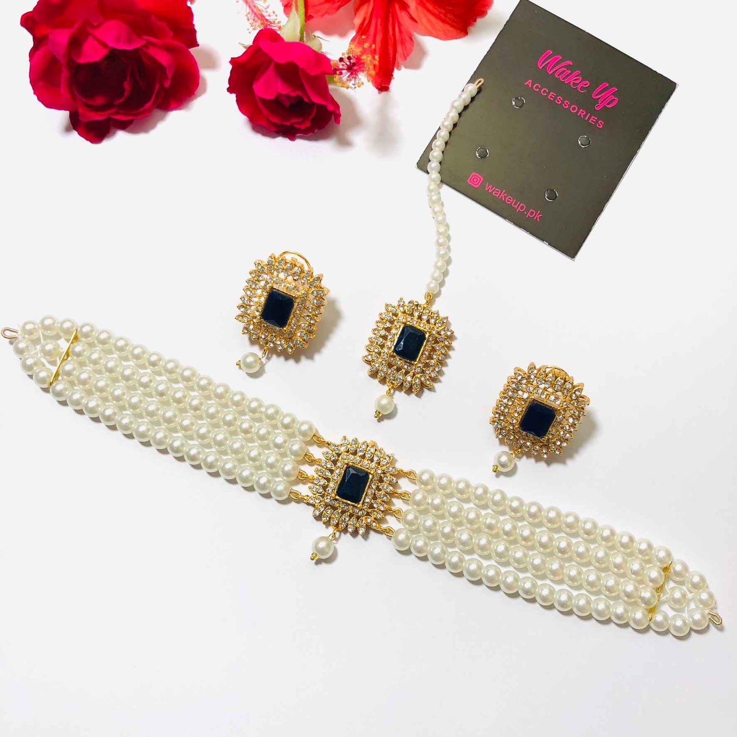 Kundan Golden Pearl Choker with Earrings and Tikka