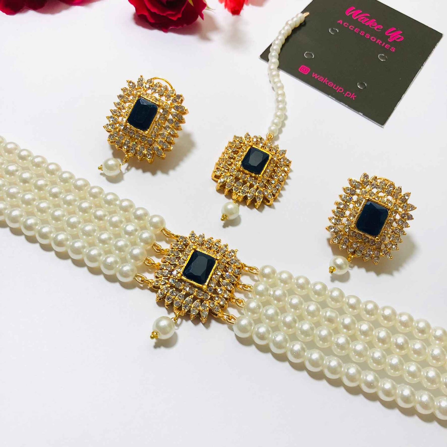 Kundan Golden Pearl Choker with Earrings and Tikka
