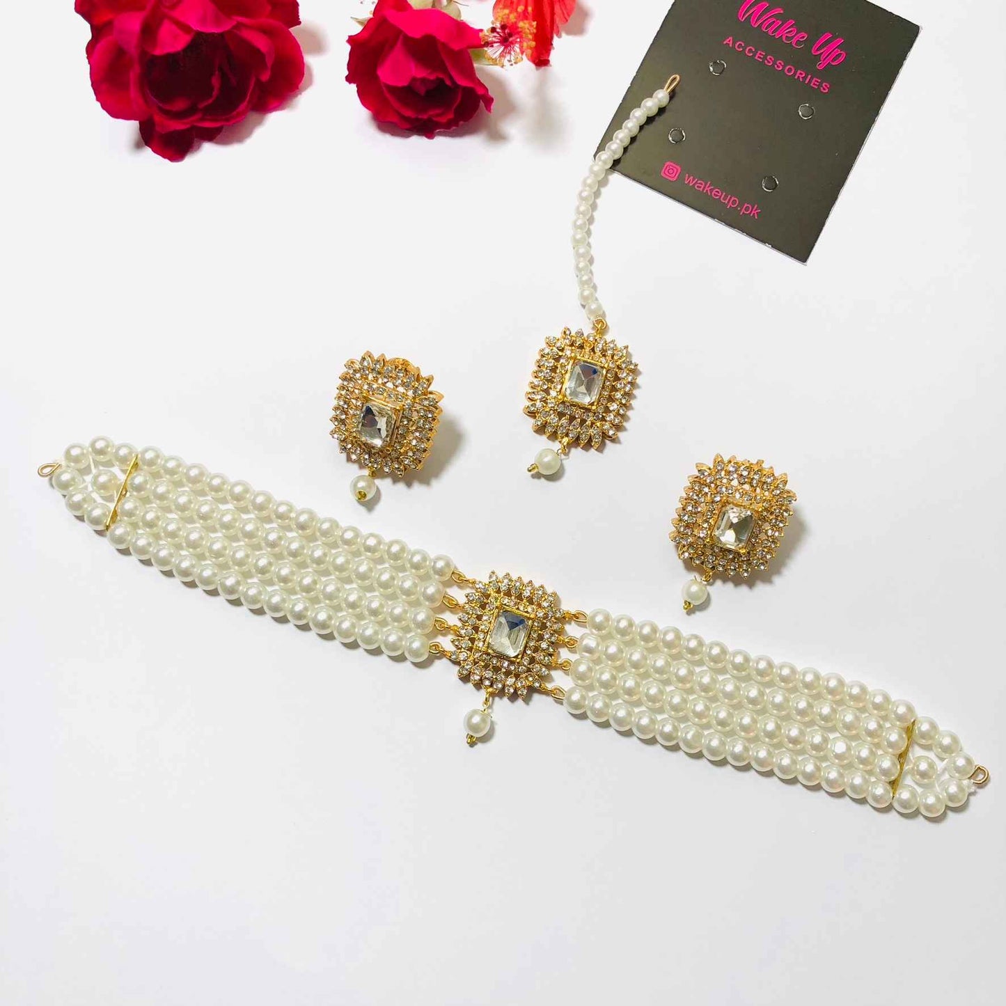 Kundan Golden Pearl Choker with Earrings and Tikka