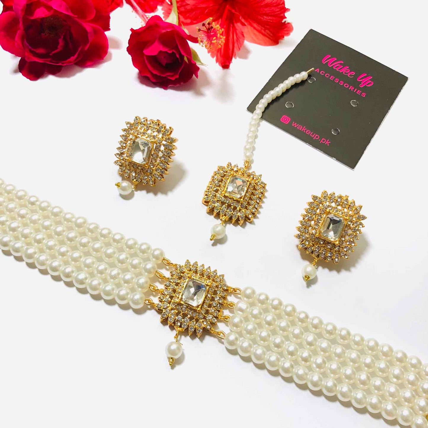Kundan Golden Pearl Choker with Earrings and Tikka