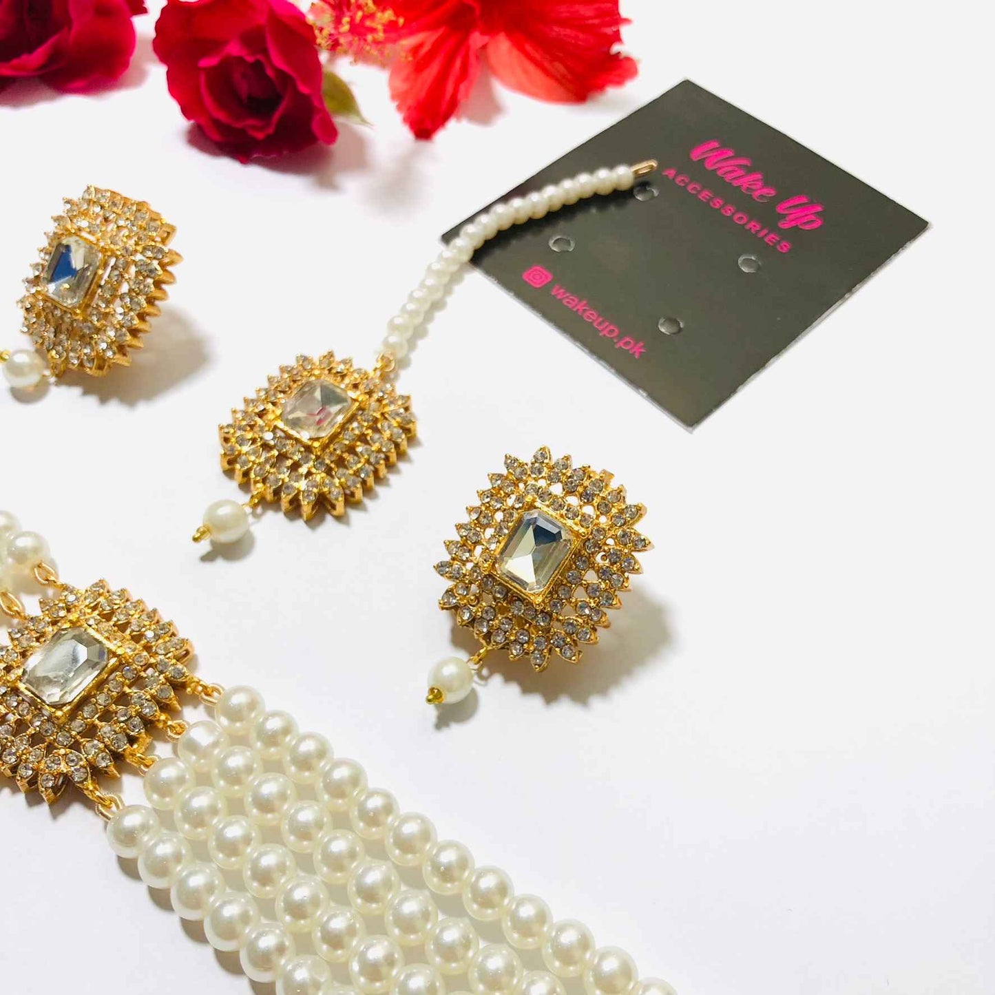 Kundan Golden Pearl Choker with Earrings and Tikka