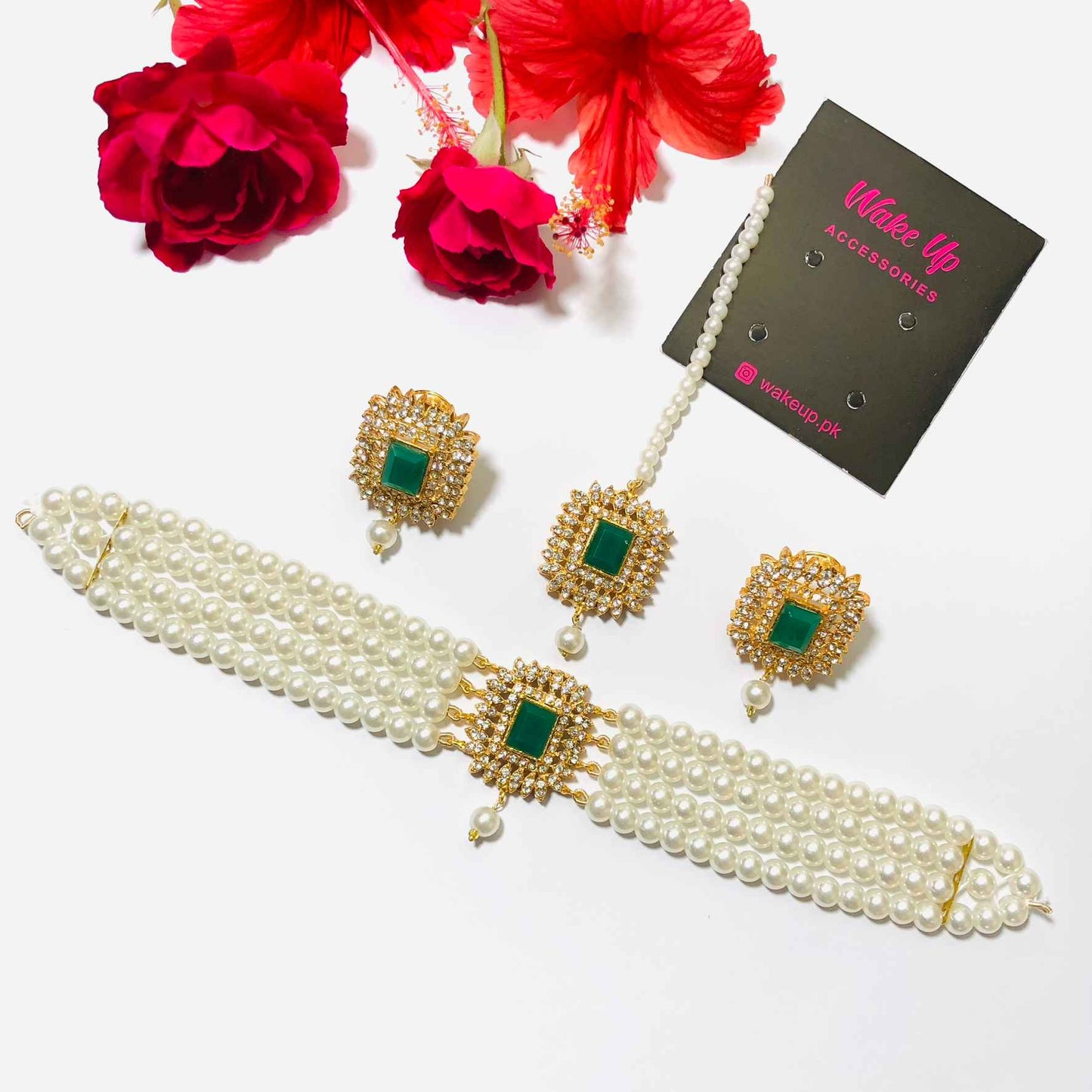 Kundan Golden Pearl Choker with Earrings and Tikka