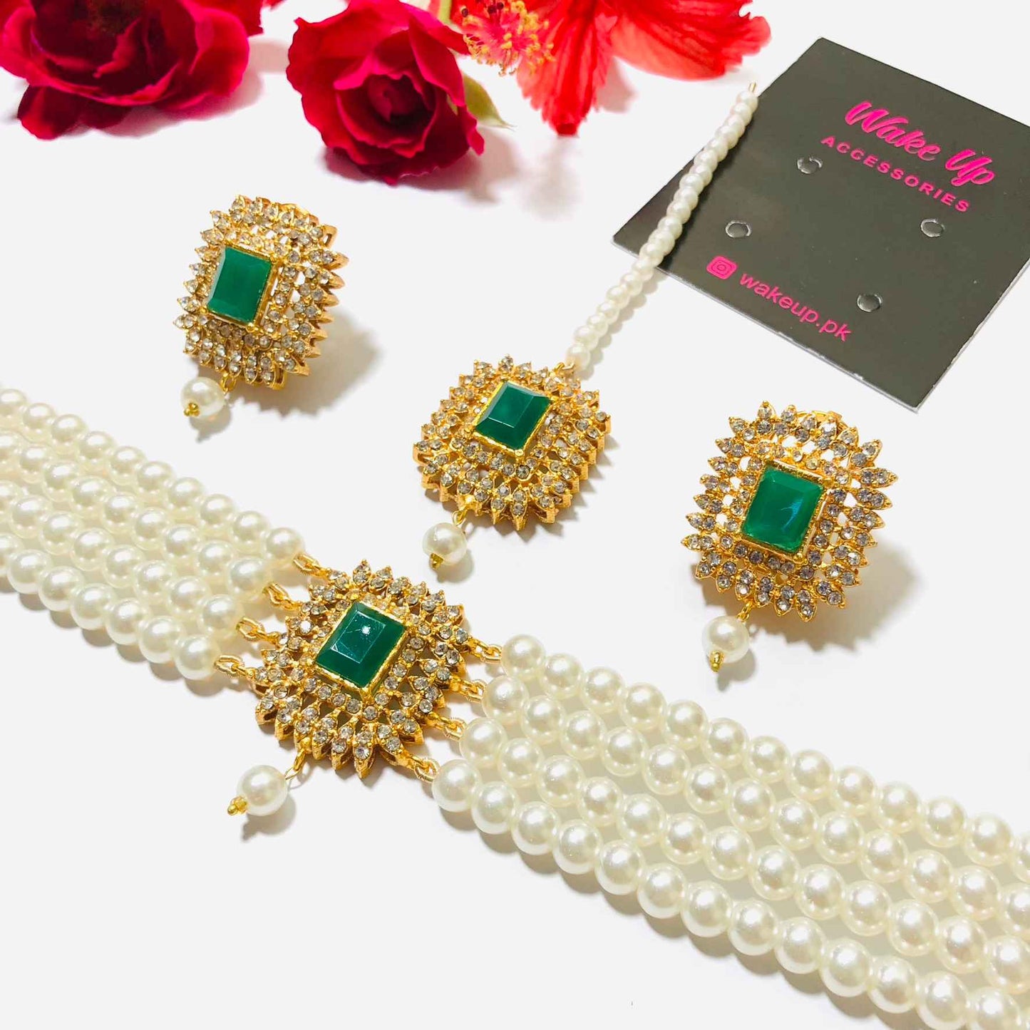 Kundan Golden Pearl Choker with Earrings and Tikka